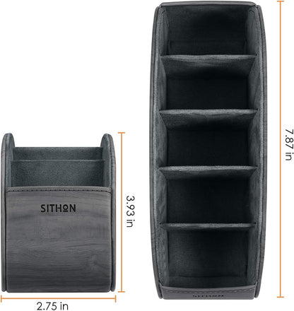 SITHON Remote Control Holder with 5 Compartments | PU Leather Remote Caddy Desktop Organizer Store TV, DVD, Blu-Ray, Media Player, Heater Controllers, Stripe Black
