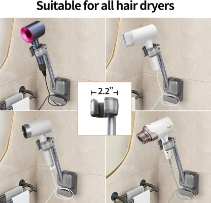 Hands Free Hair Dryer Holder Wall Mount, Adjustable Bathroom Blower Dryer Holder Wall Mounted Hook Rack, Vanity Cabinet Door Hanger Storage, Suitable for Most Walls, Hair Dryers, with Cord Organizer