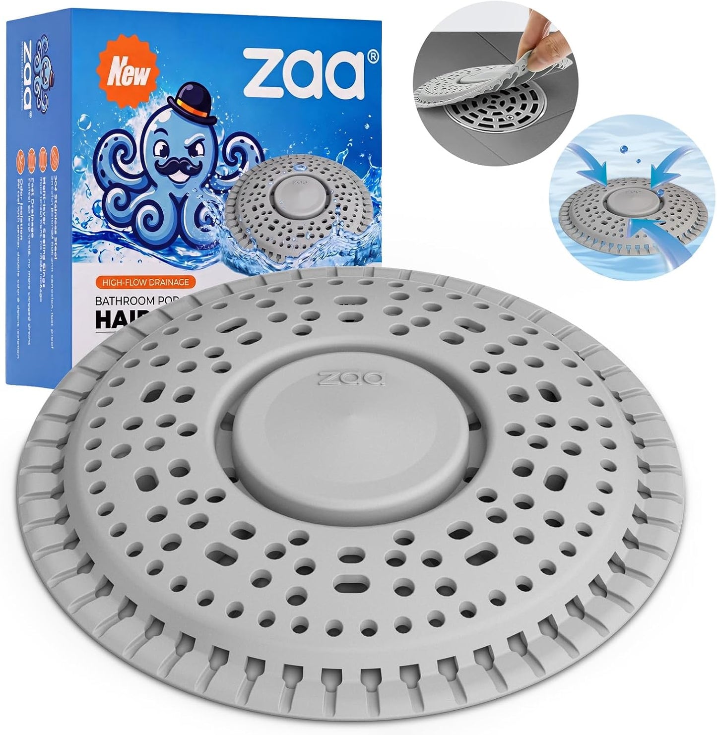 Shower Drain Hair Catcher Silicone Flat Floor Strainer Protector | 2 Pack Gray Weighted Flat Shower Drain Protectors, Traps Hair Before Clogs, Easy to Clean in Seconds, Fits Flat Floor Drains