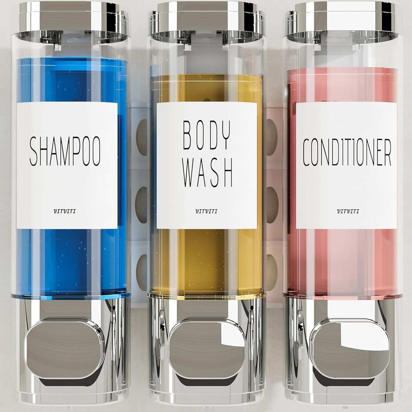 Shampoo and Conditioner Dispenser for Shower Wall Mount 3 Chamber, Black | Shower Soap Dispenser for Wall, 10.2 OZ Plastic Refillable Body Wash Bottles for Bathroom, No Drill Wall Mounted