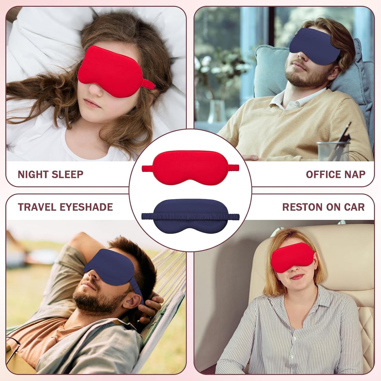 Amrules Sleep Mask Set of 2, Adjustable Silk Eye Mask for Sleeping, Soft Sleeping Eye Shade Cover for Women, Good for Blocking Light, Reducing Puffiness, Enhancing Sleep Quality (Blush Pink & Black)