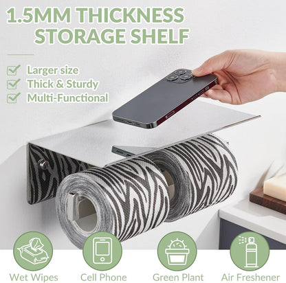 APLusee Matte Black Toilet Paper Holder with Storage Shelf, Wall Mounted | Rustproof 304 Stainless Steel, 2-in-1 Functional Toilet Paper and Phone Storage, Fits Bathroom, Restroom, Vanity, Kitchen