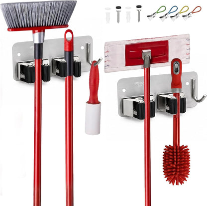 Wall Mount Hanger for Brooms & Mops - Adhesive Stainless Steel Mops & Broom Holder, 4 Clamps, 3 Hooks, & 5 Towel Hanger Clips Including Mounting Hardware for Utility Room Organization