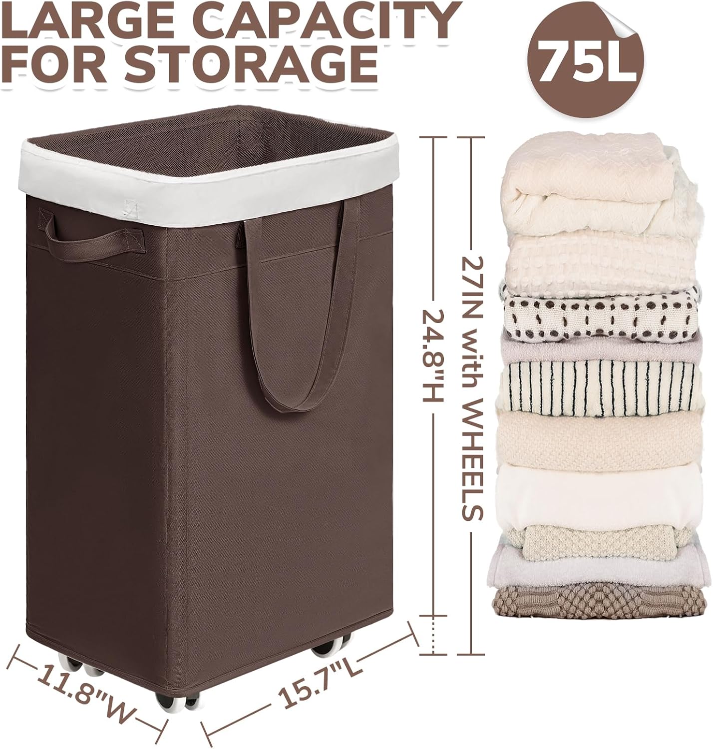 CHICVITA 75L Large Rolling Laundry Basket with Wheels & Wash Bag, Grey | Collapsible design saves space for corner dorms. Removable wash bag for easy laundry transport