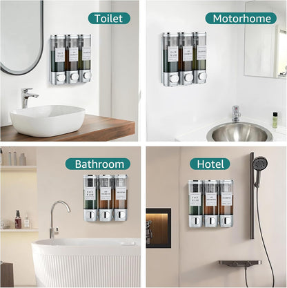 Wall Mounted Shower Soap Dispenser 3 Chamber,No Drill Shower Dispenser | Shampoo and Conditioner Dispenser for Bathroom Hotel Large Capacity, each 300ml with two waterproof labels,Gold