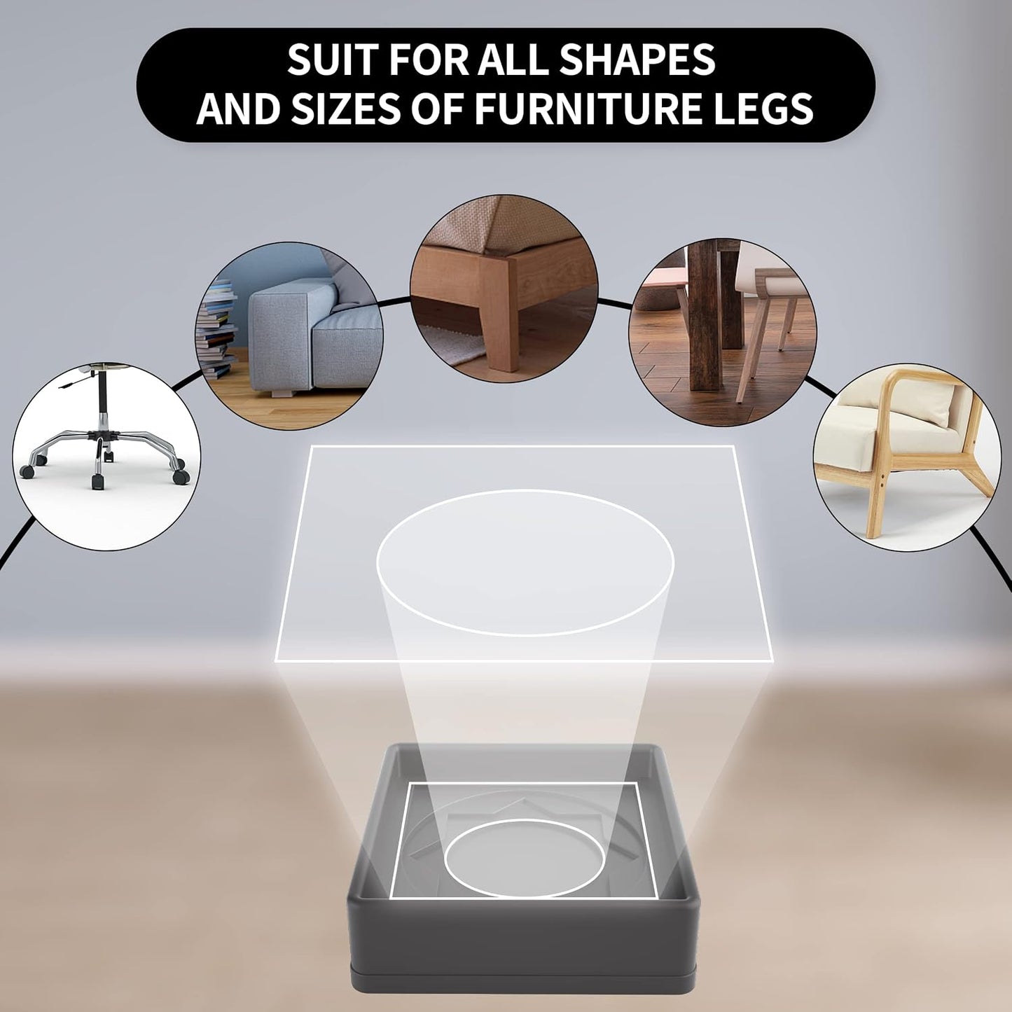 Furniture Coasters 4 Pcs 4” Furniture Caster Cups - Non Slip Furniture Pads Hardwoods Floors - Non Skid Grippers Rubber Furniture Feet Anti Slide Floor Protector for Bed Couch Stoppers Black