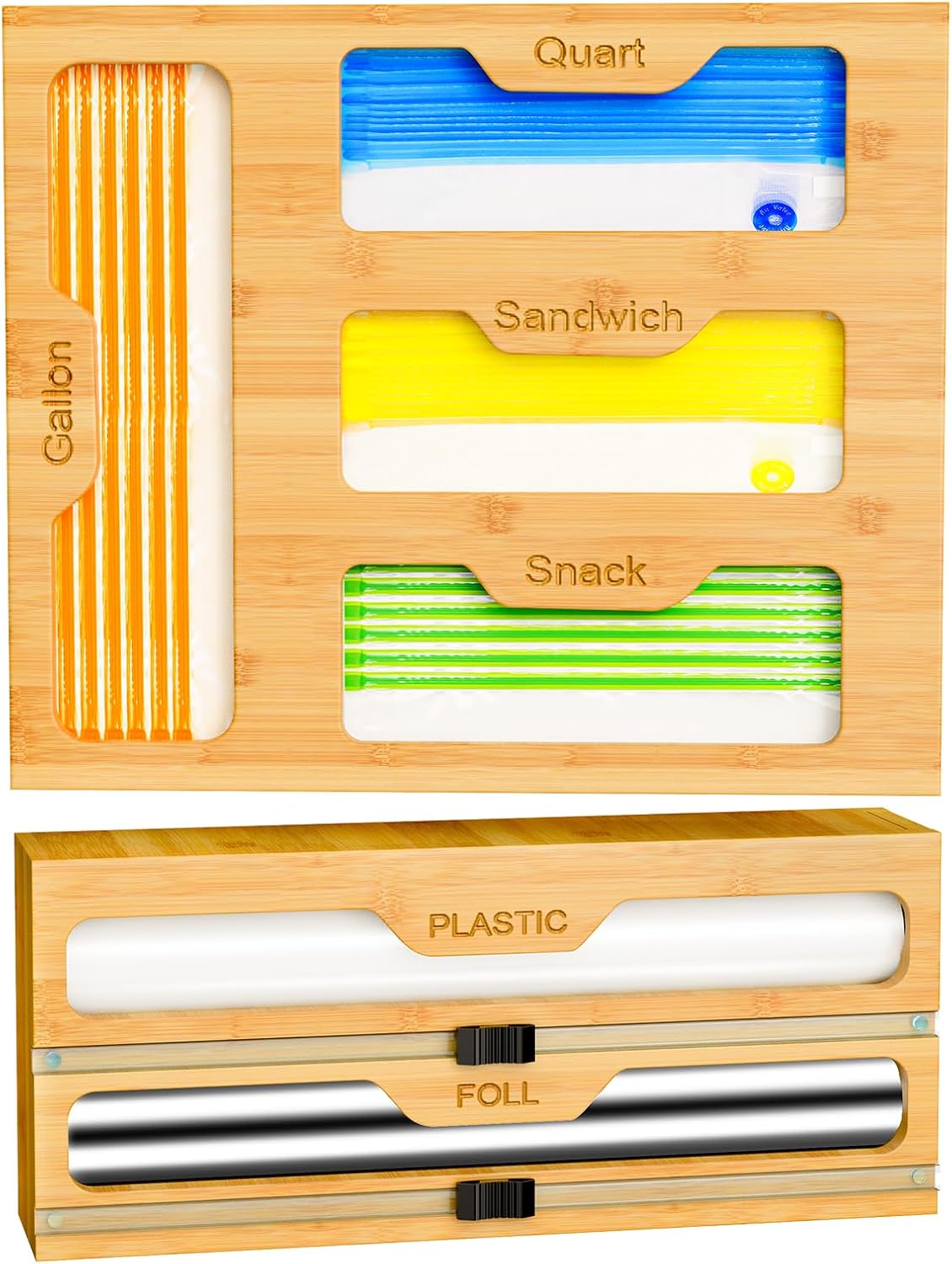 KOCWELL Bag Organizer and Plastic Wrap Dispenser with Cutter, 6 In 1 Bamboo Foil and Plastic Wrap Organizer for Kitchen Drawer, Food Storage Bag Organizer for Gallon,Quart,Sandwich,Snack(Yellow)