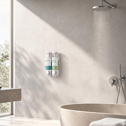 Shampoo and Conditioner Dispenser, Shower Soap Dispenser Wall Mounted, Shampoo Dispenser for Shower Wall No Drill, Bathroom Body Wash Dispenser 2 * 350ml White 2 Chamber