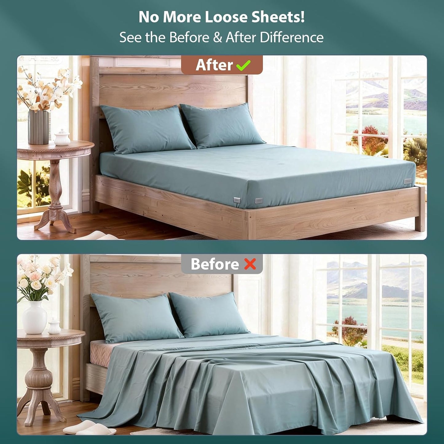 Bed Sheet Holders for Corners, Snap-Lock Fitted Sheet Locks, 4 Pack | 4 snap-lock ABS holders help secure fitted sheet corners; no straps or metal teeth; check 3 in.+ mattress corner clearance
