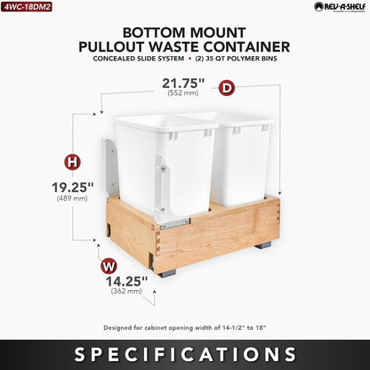 Rev-A-Shelf Double Pullout Trash Can w/Soft-Close Slides, 14.5" Min Opening | Large Capacity Garbage/ Recycling Waste Bins for Under Kitchen Cabinets, Heavy Gauge Wire Construction, 4WC-18DM2