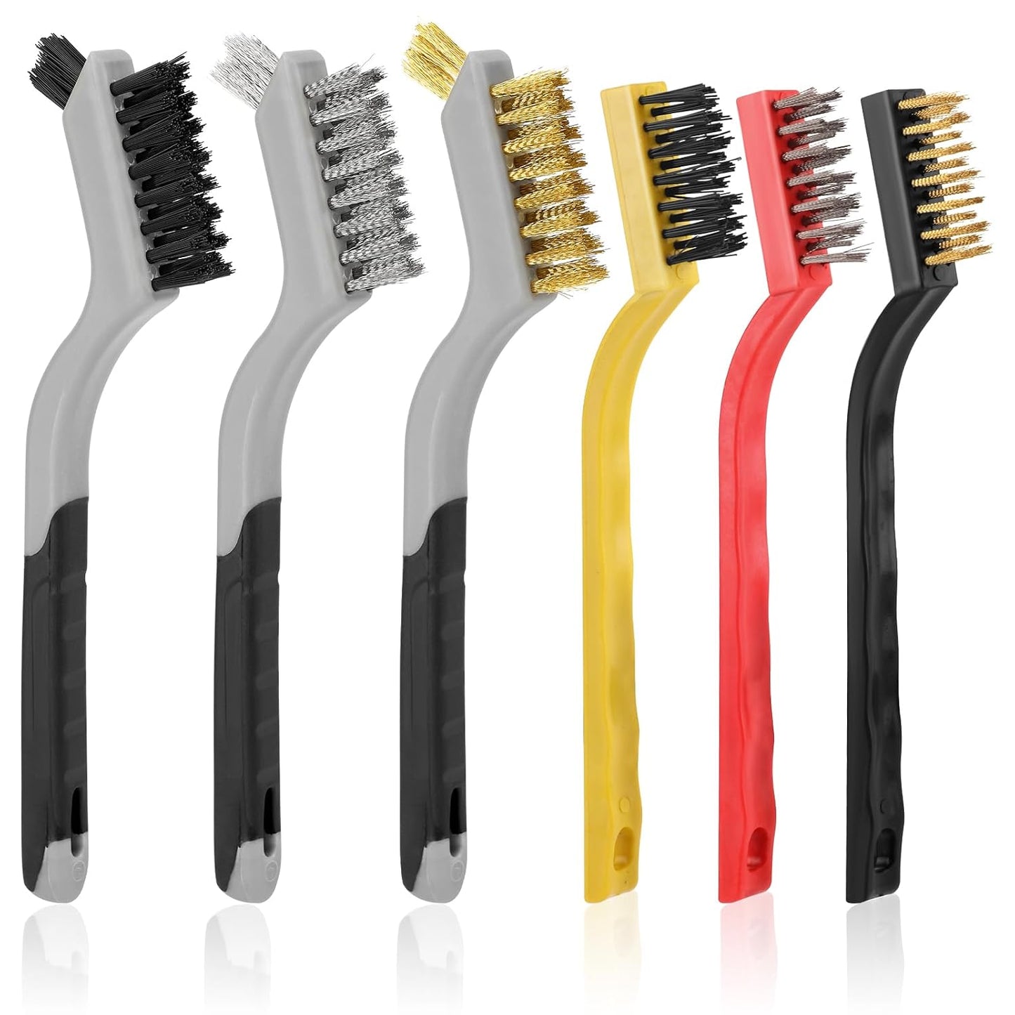 Wire Brush for Cleaning, Small Brass Steel Nylon Brush, Metal Rust Remover | 6 Pcs, Rust/Grease/Paint Removal on Metal/Wood/Grill, Curved Head for Tight Spots, with Hang Hole, Ergonomic Handle, 7 in
