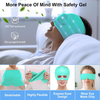 2 in 1 Migraine Relief Cap with Gel Eye Mask, Headache Relief Cap Ice Head Wrap Hot and Cold Therapy Hat Gift for Women for Headache Puffy Eyes Sinus and Tension Stress Relief (Light Purple)