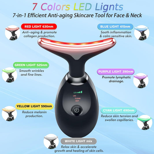 Face and Neck Massager T𝗈𝗈I, 7 C𝗈I𝗈r Facial Massager for Face and Neck, Face 𝖲cuIpting Tool for S𝗄in Care - Black