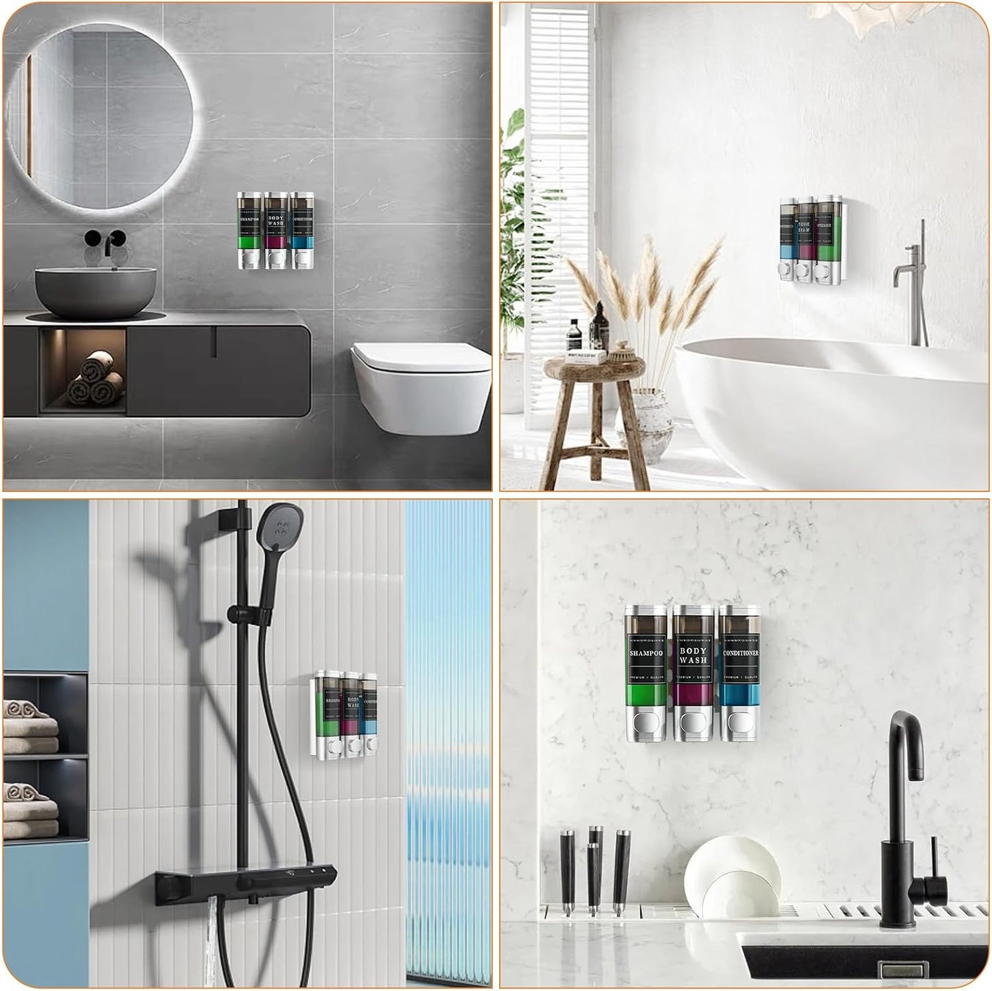 Shampoo and Conditioner Dispenser,Shower Soap Dispenser 3 Chamber No Drill Wall-Mounted Shampoo Dispenser for Shower Wall Mounted Shower Dispenser for Bathroom Hotel Large Capacity,Black