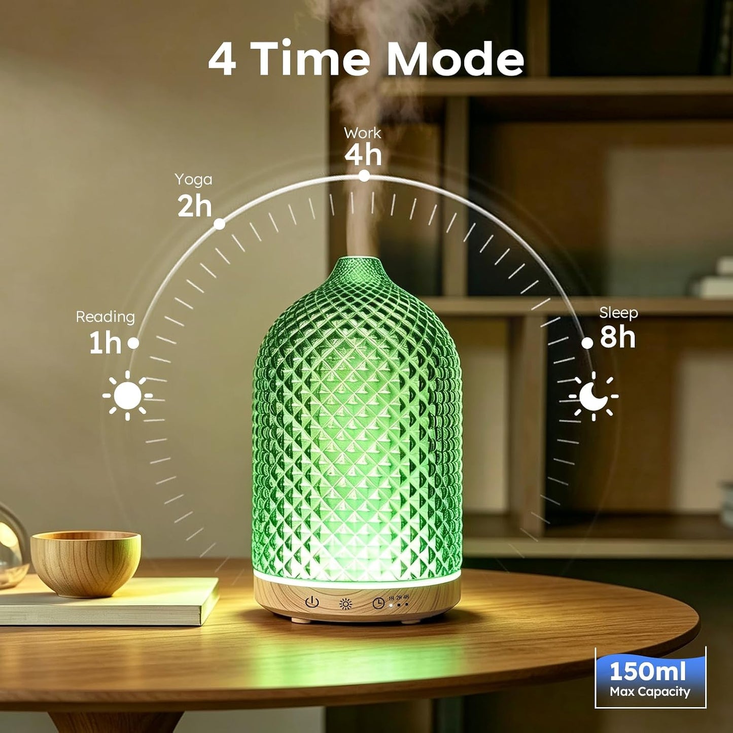 Essential Oil Diffuser 150ml, Glass Diffuser with Ultrasonic Small Humidifier, 7 Color Lights, 1/2/4H Timer, Quiet Auto Shut-Off Oil Diffuser for Bedroom, Home, Office (Silvery)