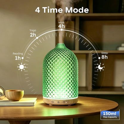 Essential Oil Diffuser 150ml, Glass Diffuser with Ultrasonic Small Humidifier, 7 Color Lights, 1/2/4H Timer, Quiet Auto Shut-Off Oil Diffuser for Bedroom, Home, Office (Silvery)