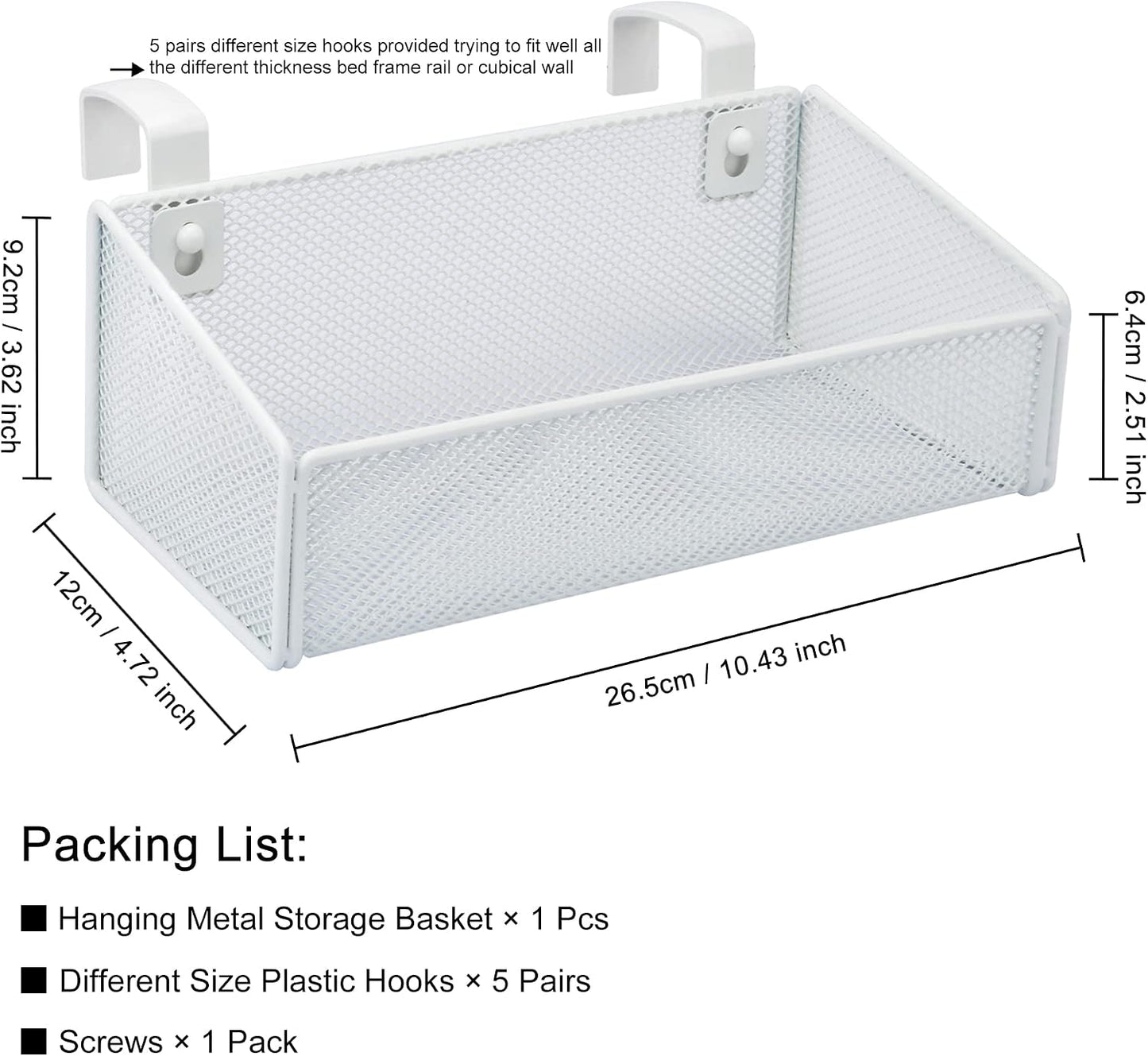 Bedside Caddy Hanging Storage Basket Beside Shelf Metal Organizer for Collage Dorm Bunk Bed,Hospital Bed,Baby Bed - Bedroom Essentials for Magazine,Remote Control,Phone,Drinks (White)
