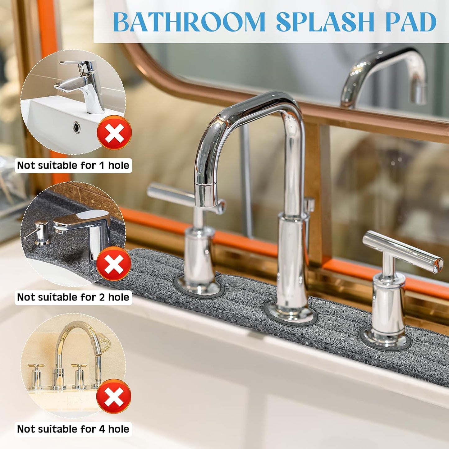 Teenyyou 2 Pcs Faucet Mat for Kitchen Sink Splash Guard for Kitchen Sink Faucet Dish Drying Mat for Bathroom Sponge Holder(Dark Gray,3 Round Holes)
