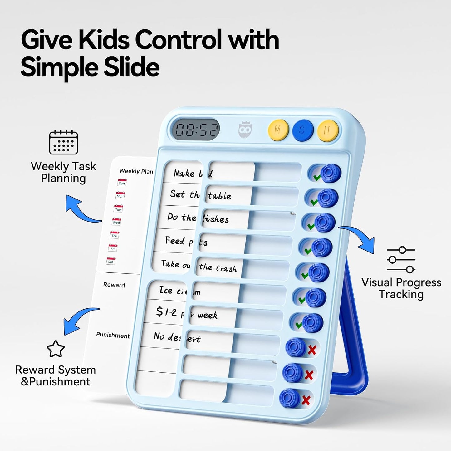 Chore Chart for Kids with Timer, 21 PCS Checklist Magnetic Schedule Board, ADHD Tools with 99-Min Countup/Down Visual Timer, Bedtime/Morning/Daily Routine Chart Dry Erase to Do List with Slider(White)