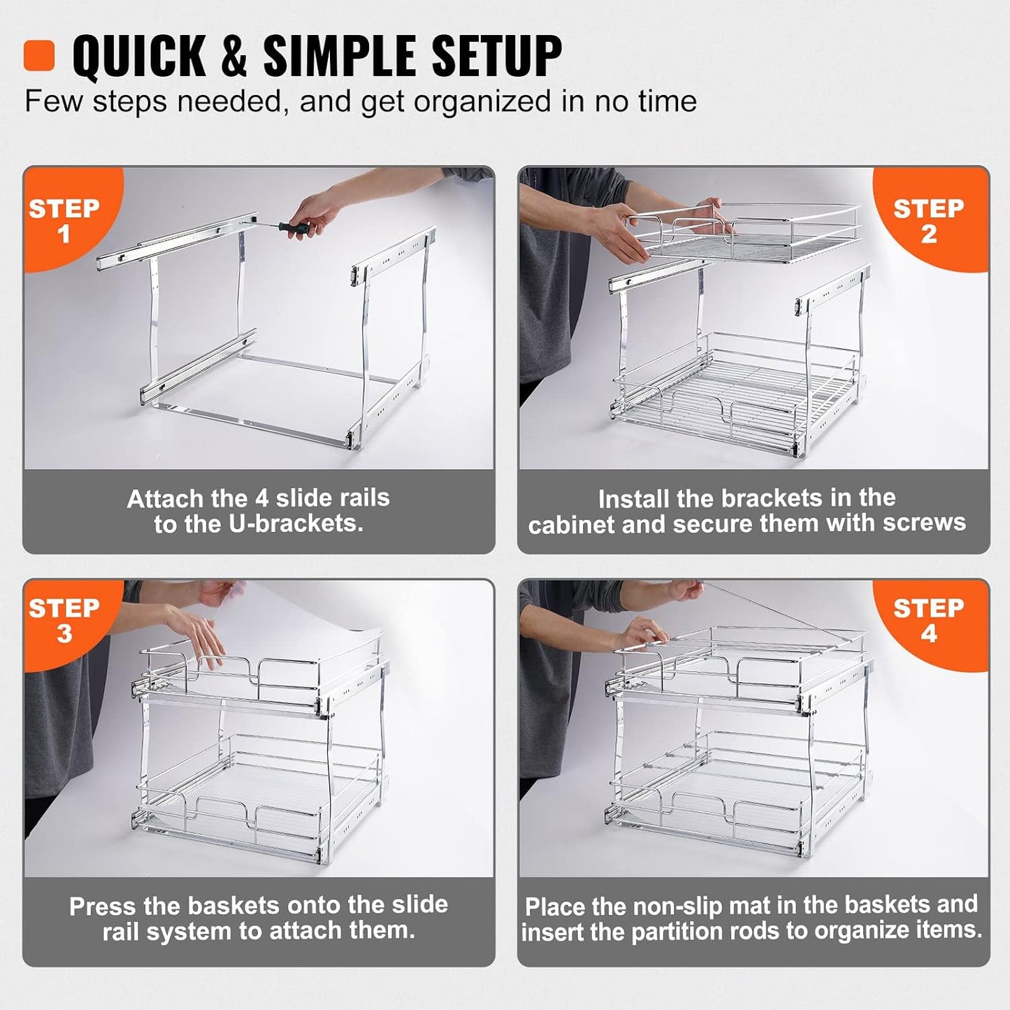 VEVOR Pull Out Cabinet Organizer, 14" Wx21.2 Dx15.2 H Heavy 2 Tier Duty Slide Out Pantry Shelves, Chrome-Plated Steel Roll Out Drawer for Under Sink, 15.5" Wx22.5 Dx19 H Install Size for Cabinet
