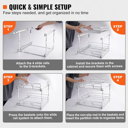 VEVOR Pull Out Cabinet Organizer, 14" Wx21.2 Dx15.2 H Heavy 2 Tier Duty Slide Out Pantry Shelves, Chrome-Plated Steel Roll Out Drawer for Under Sink, 15.5" Wx22.5 Dx19 H Install Size for Cabinet