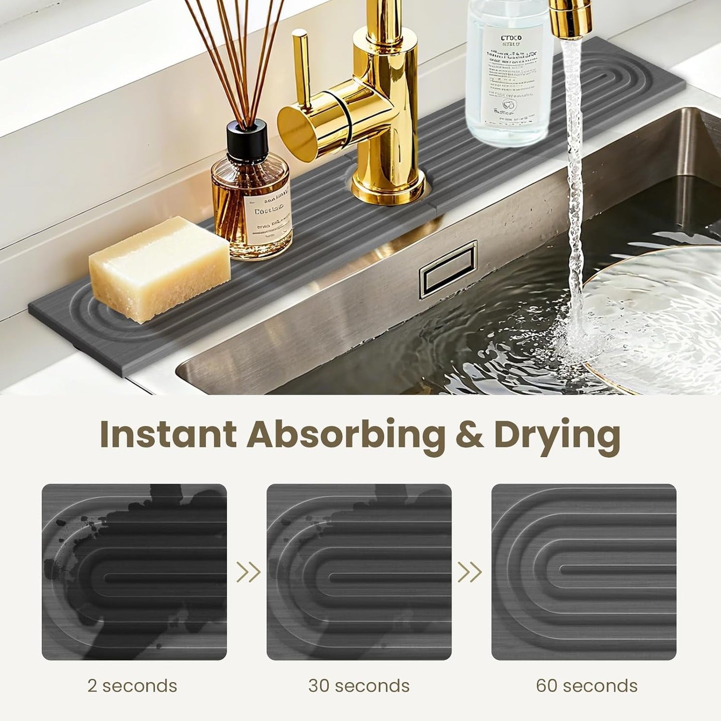 Diatomite Faucet Mat for Kitchen Sink, Quick-Dry Stone-Like Sink Mat, Flat Lay Absorbent Countertop Drying Mat for Faucet Area, Hard Diatomite Mat, Gray, 23.6 x 4 in
