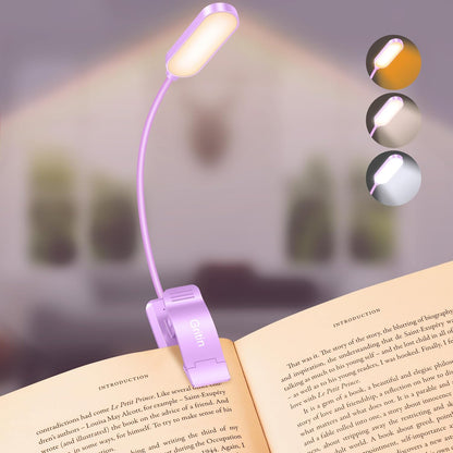 Gritin 16 LED Rechargeable Book Light for Reading in Bed | Eye Caring 3 Color Temperatures,Stepless Dimming Brightness,80 Hrs Runtime,Lightweight Flexible Clip on Light for Book Lovers