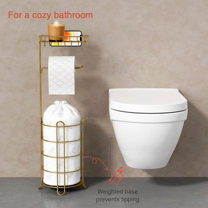 Goozii Gold Free Standing Toilet Paper Holder Stand with Phone Shelf, Floor Bathroom Tissue Holder for Large Mega Rolls, Metal Freestanding Toilet Paper Roll Holder with Wipes Storage Tray
