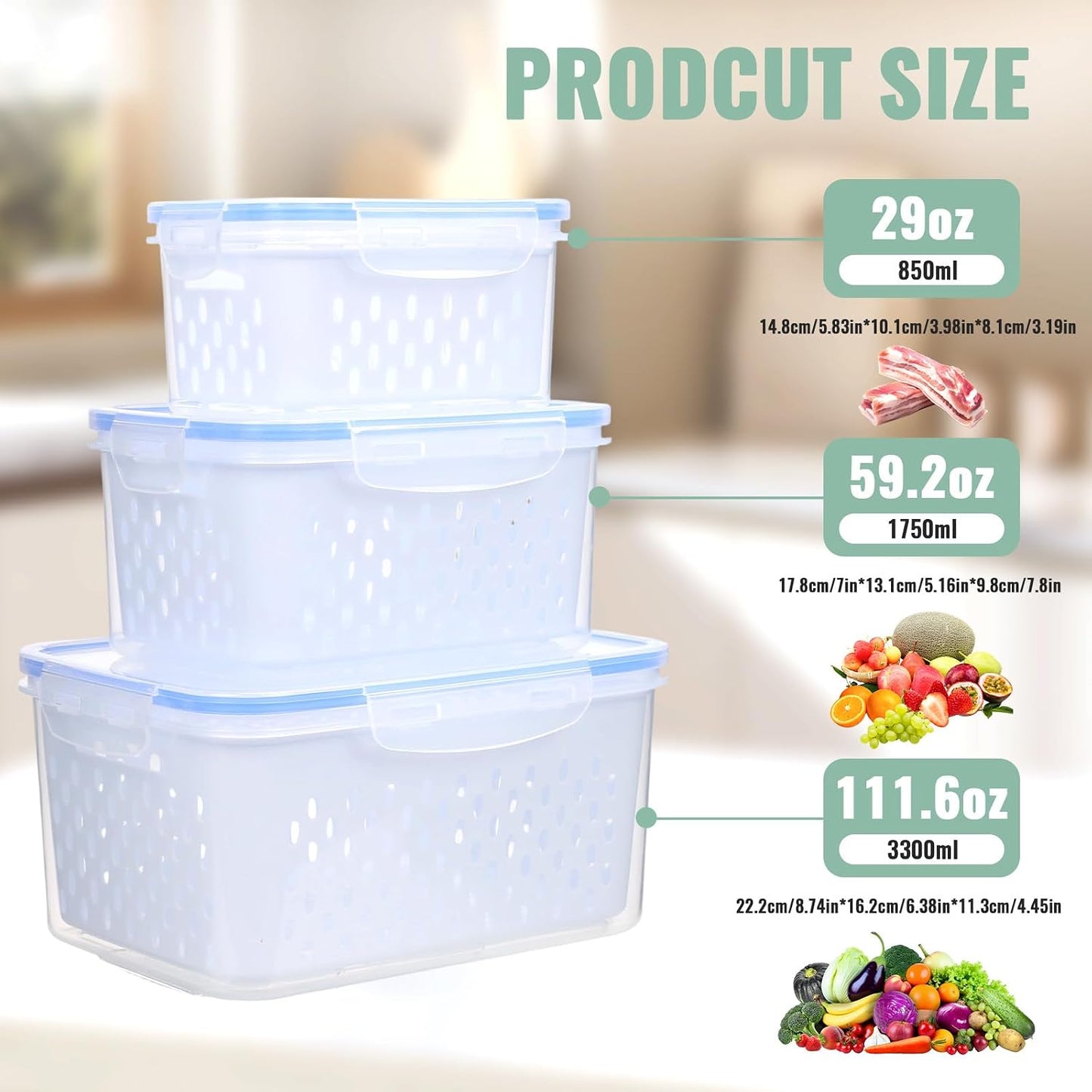 3 PCS Fruit Storage Containers for Fridge with Removable Colander | Berry Produce Storage Containers for Fridge with Strainer Lid Leakproof Containers Keep Fruits Vegetables Berry Fresh longer