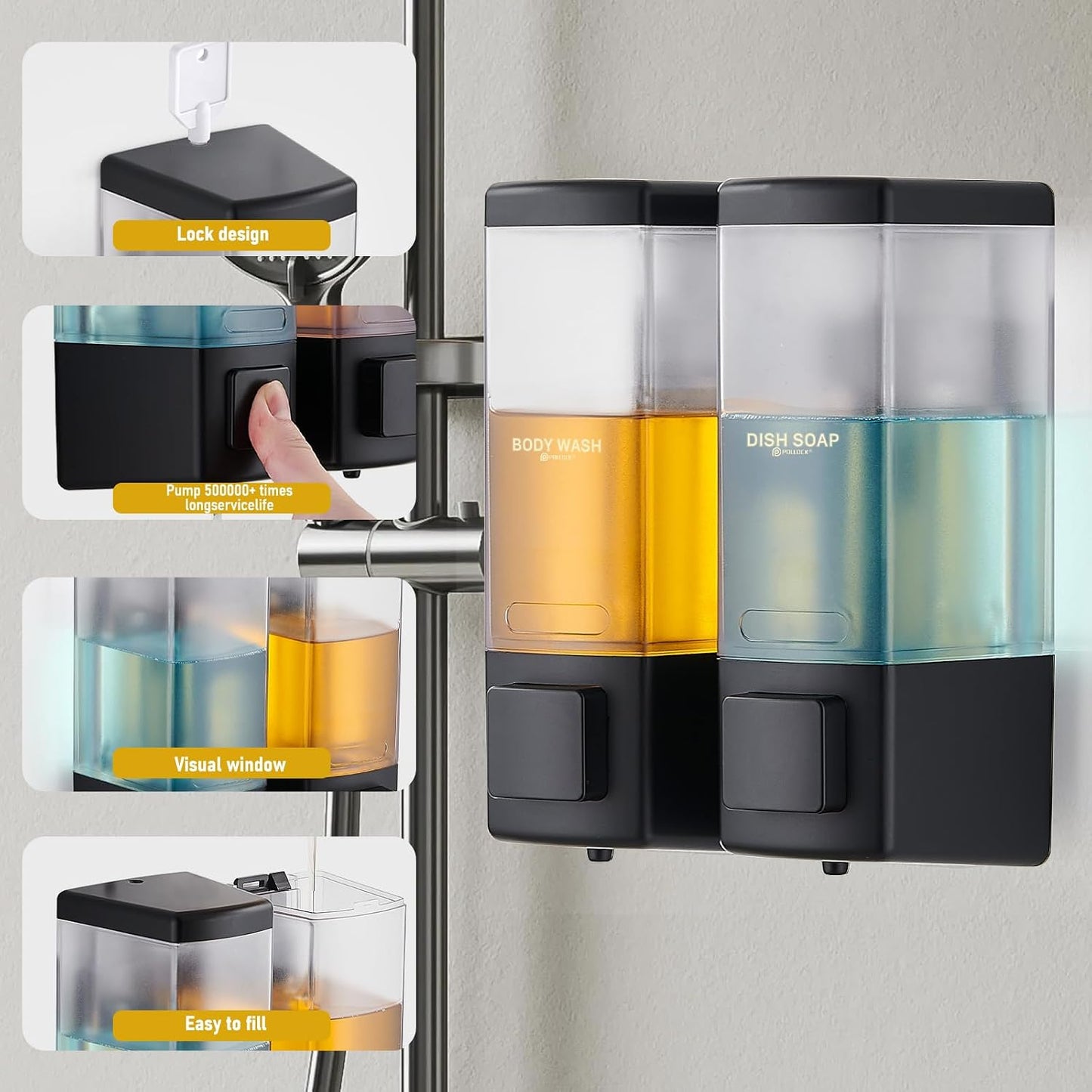 Pollock Shampoo and Conditioner Dispenser,Black 3 Chamber * 500ML | Shower Soap Dispenser Wall Mounted, Body Wash Dispenser No Drill,Refillable Shower Dispenser for Bathroom,Hotel,Public Place