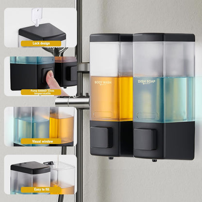 Pollock Shampoo and Conditioner Dispenser,Black 3 Chamber * 500ML | Shower Soap Dispenser Wall Mounted, Body Wash Dispenser No Drill,Refillable Shower Dispenser for Bathroom,Hotel,Public Place