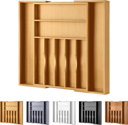 Expandable Bamboo Kitchen Drawer Organizer for Cutlery and Utensils, Adjustable Bamboo Wood Cutlery Tray in Drawer for Flatware and Silverware in Kitchen, (Natural)