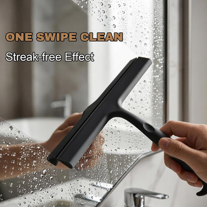 Shower Squeegee for Glass Doors, 8-Inch Silicone, Fishtail Hook, Black | One-Piece Silicone Squeegee for Shower Glass, Fishtail Hook, Non-Slip Grip, Quiet Glide; Tile, Mirrors, Windows & Car Glass