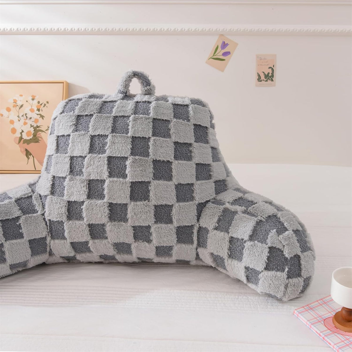 Aimuan Reading Pillow Checkered Bed Rest Wedge Backrest Checkerboard Pillow with Arms Back Support for Sitting Up in Bed Cushion Incline Rest Sleeping Snoring Pillow (Beige,Large)