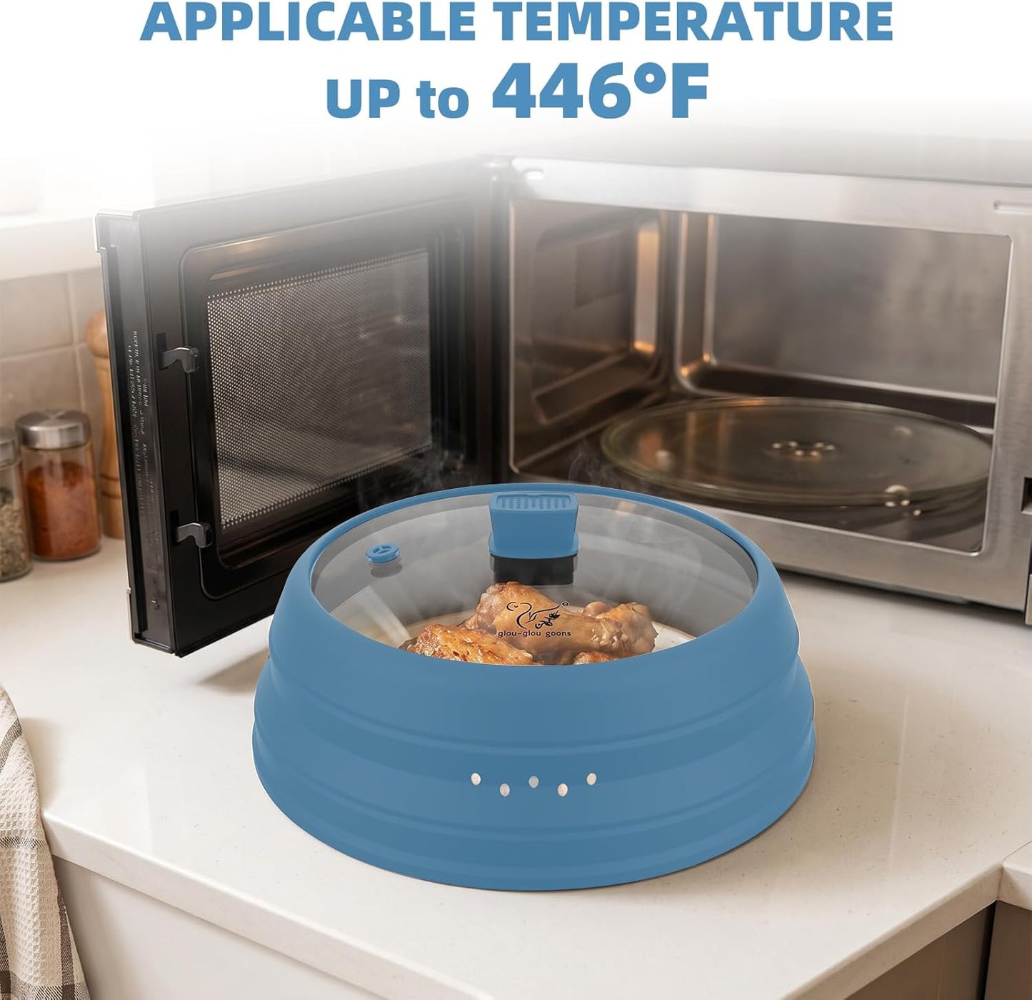 Microwave Splatter Cover Glass Guard Lid with Collapsible Silicone for Food Pot Plate Cover 9.8 inch Dark Blue
