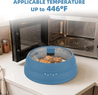 Microwave Splatter Cover Glass Guard Lid with Collapsible Silicone for Food Pot Plate Cover 9.8 inch Dark Blue