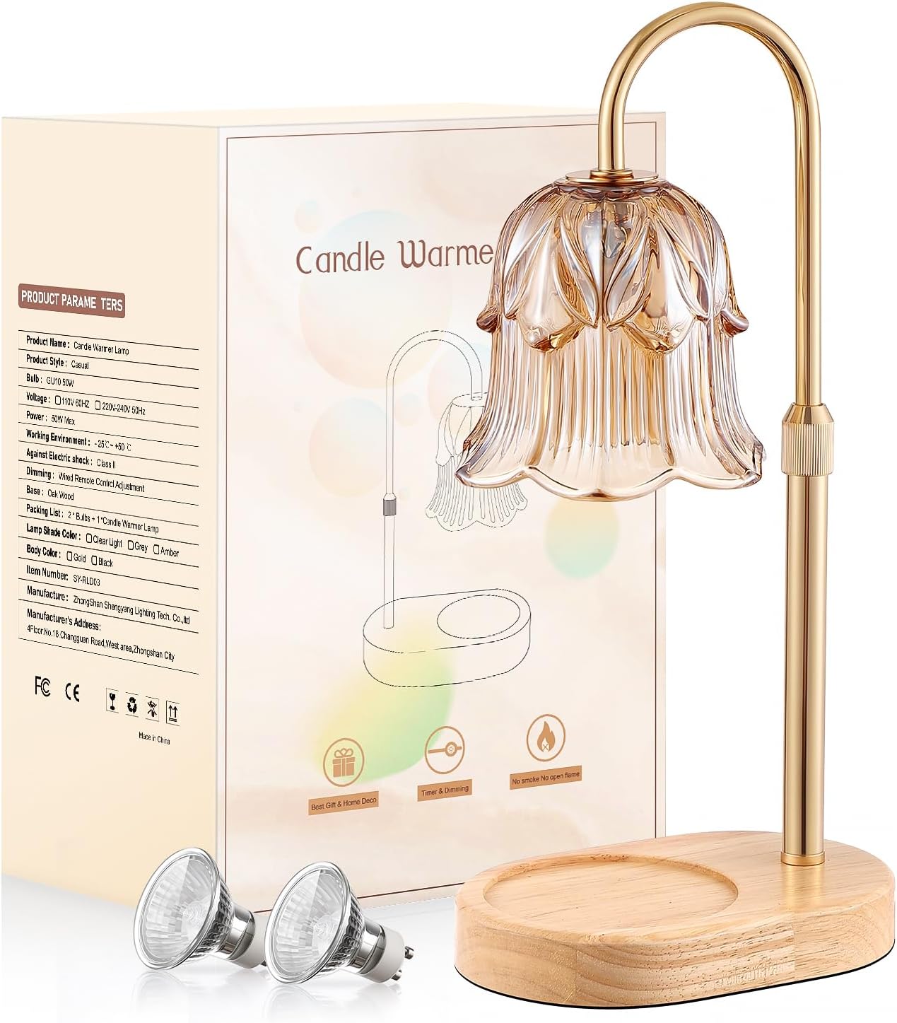Candle Warmer Lamp Adjustable Timer - Electric Flower Glass Candles Light | Height Adjustable Dimmable Vintage Base Modern Wax Candles Jar Top Warmers Wax Melts Birthday Women Mom House Warming Gifts