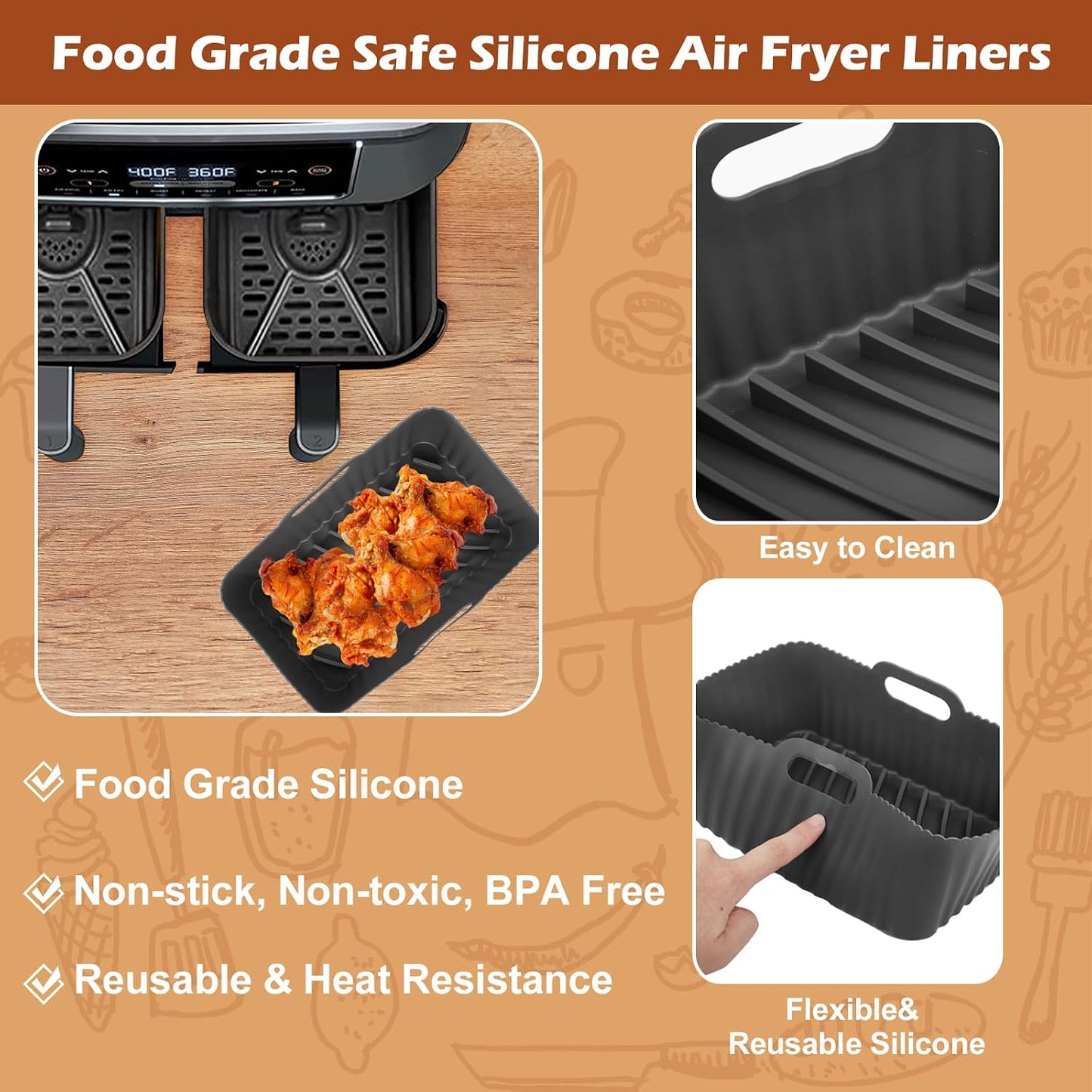 2Pcs Silicone Air Fryer Liners for Ninja Foodi Dual DZ201, Non-Stick Air Fryer Basket Accessories, Reusable Liners Fits 8 QT