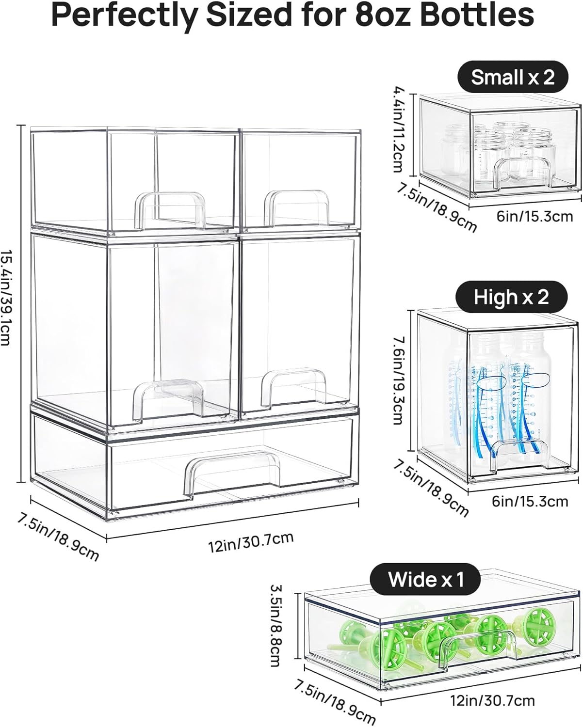 Vtopmart Clear Stackable Storage Drawers Set of 6, Plastic Organizer Bins | Multi-purpose Boxes for Bathroom Accessories Storage, Ideal for Cabinet, Shelf, Pantry, Laundry Room Organization