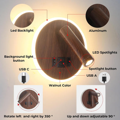 Plug in Wall Sconce with Wall Mounted Reading Lights with Switch | Wall Lamp for Bedroom with Charging Station USB C+A Ports,Bunk Bed Lights with 3W+9W Night Light,Walnut Color Reading Light