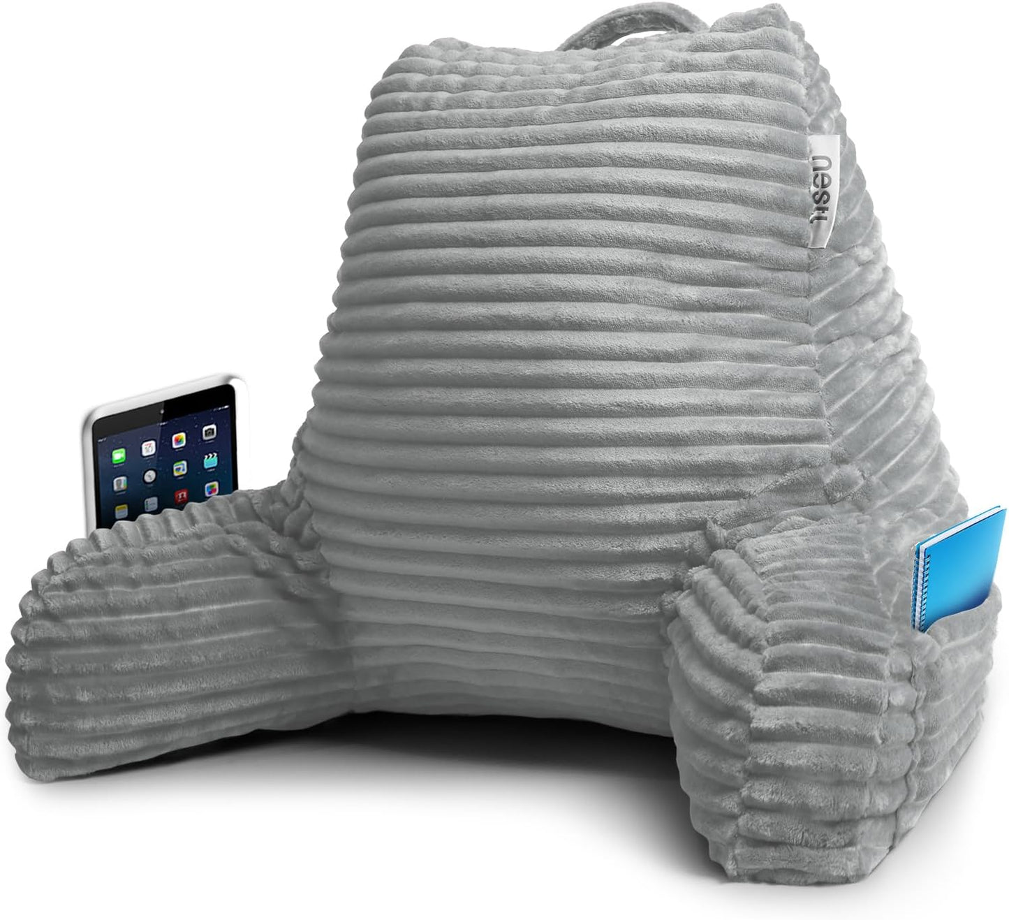 Nestl Reading Pillow with Shredded Memory Foam, Luxe Cut Plush Back Pillow for Sitting Up in Bed, Back and Arms Adjustable Support for Adult & Teens, Backrest Pillows with Washable Cover Dark Grey