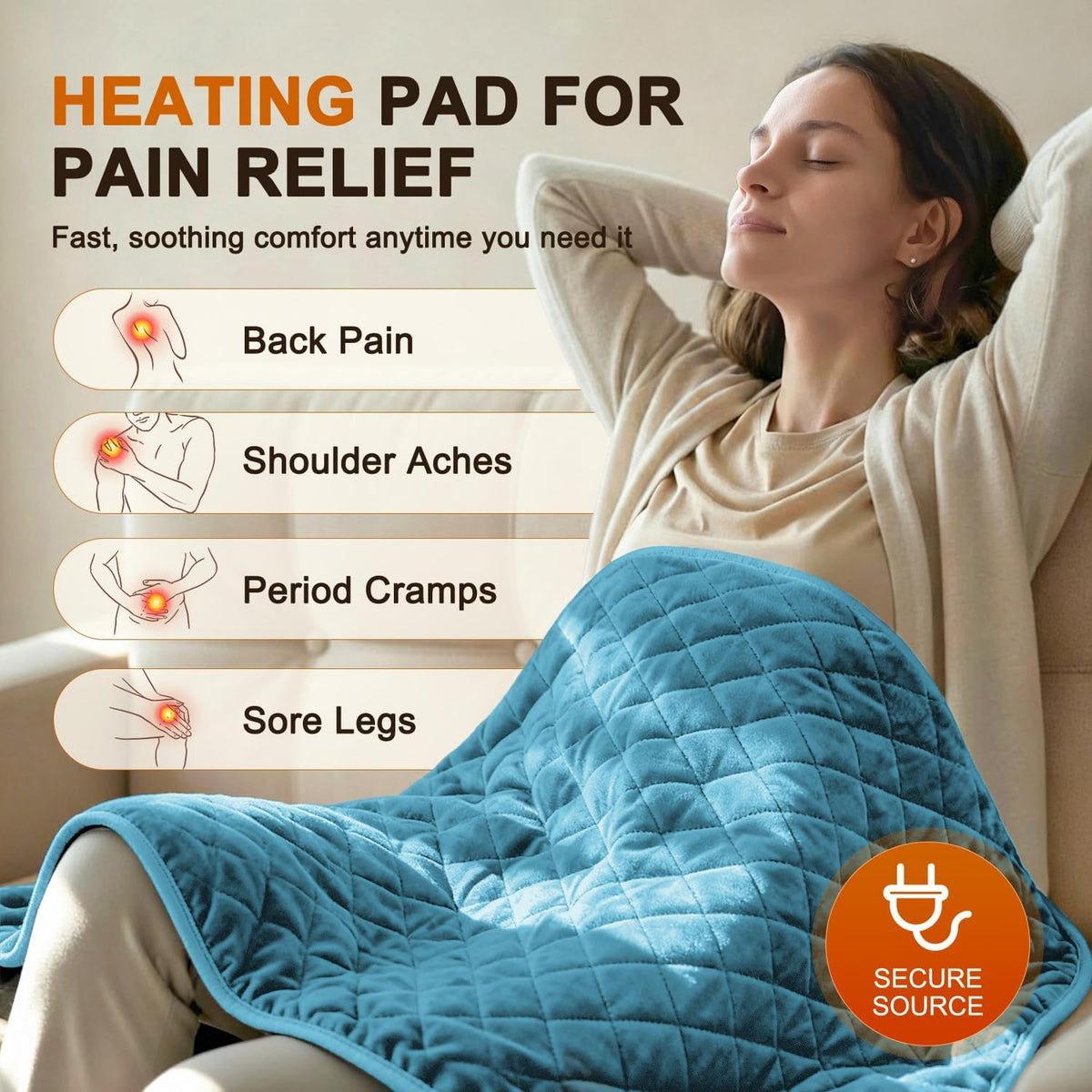 Electric Heating Pad for Back Neck & Shoulders, 35"x20" King Size, Velvet