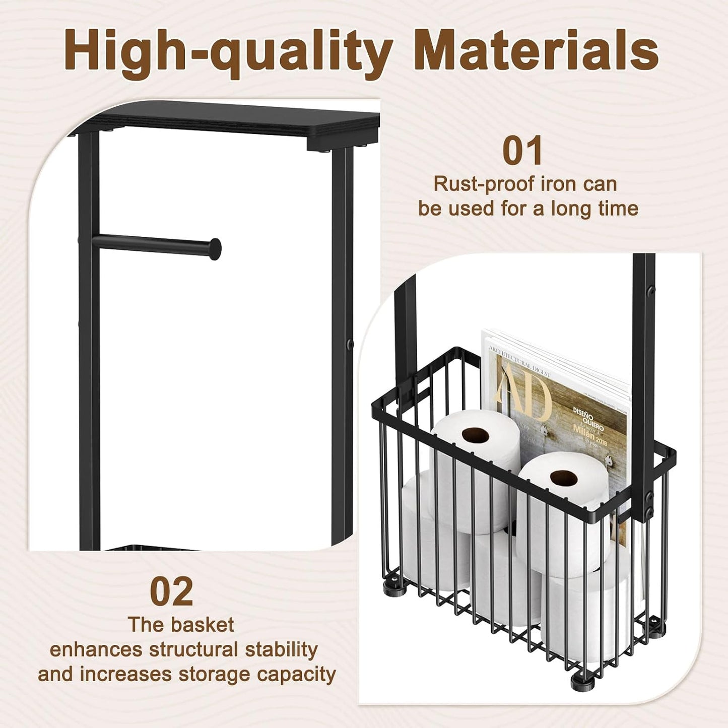 Freestanding Toilet Paper Holder with Storage Shelf | Bathroom Tissue Stand with Space for Phone, Tablet, and Magazines – All-in-One Toilet Roll Dispenser and Organizer