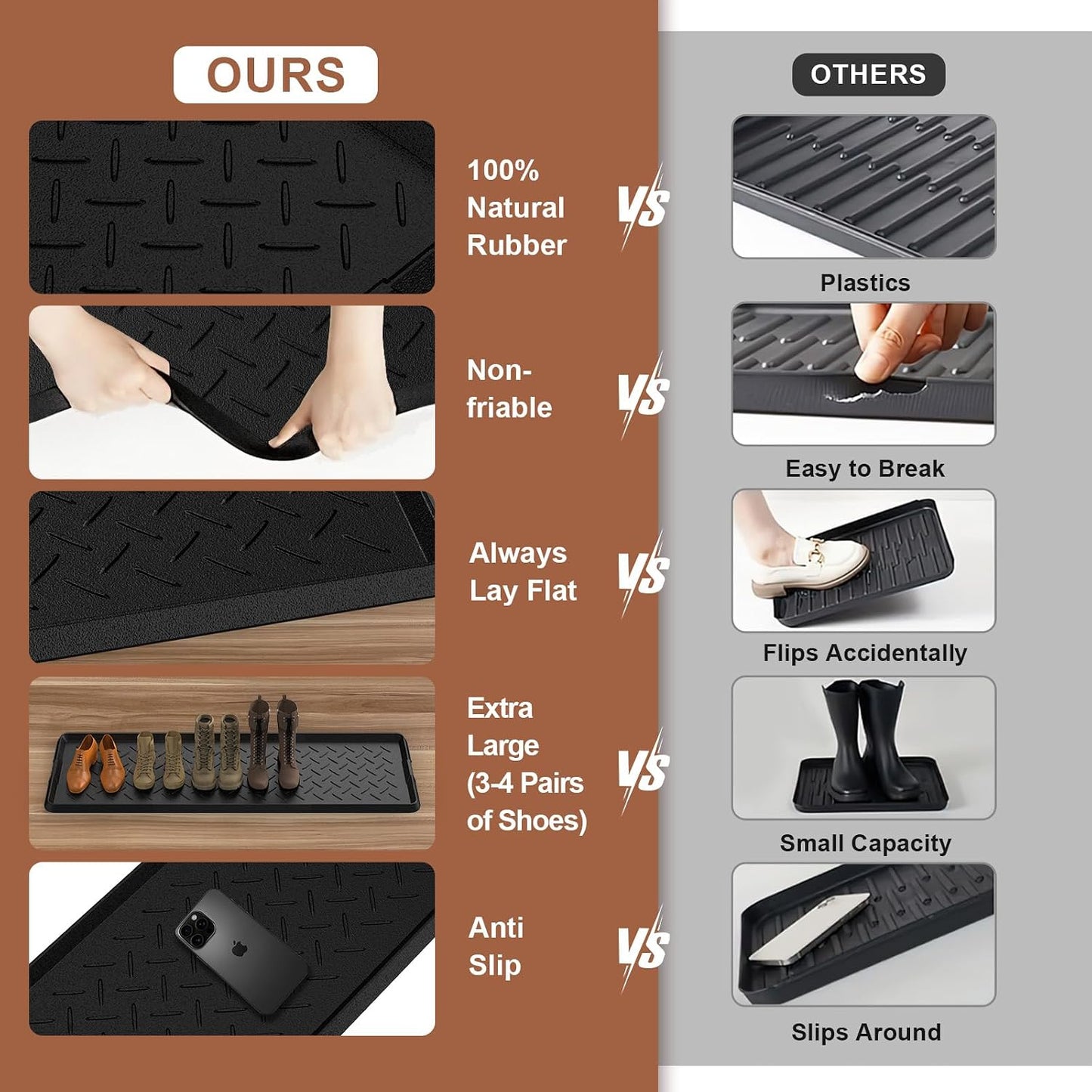 Extra Large Heavy Duty Boot Natural Rubber Shoe Mat for Entryway with Shoes Brush Large Boot Mat Multi-Purpose for Indoor or Outdoor, 16.1x 47.6 Inches