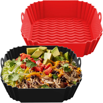 8 Inch Square Silicone Air Fryer Liners (2 Pack) Pink & Grey Reusable Non-Stick Inserts with Handles for Mess-Free Cooking & Heat Resistance – For Airfryer Ninja COSORI Instant Vortex & More