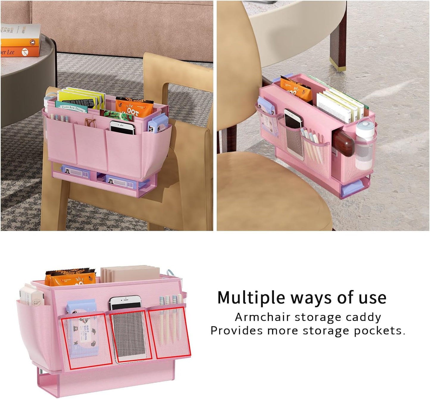Bedside Caddy Bedside Organizer,Bed Caddy with 11 Pockets and Power Strip Holder,Versatile Bedside Storage Caddy for Home,Dorm,Bunk,Hospital,Crib Bed (Pink)