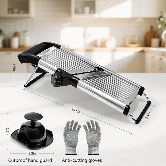 Mandoline Slicer, Adjustable Stainless Steel Slicer, Food Holder and Gloves | Adjustable stainless steel blade slices potato, onion and tomato with food holder and safety gloves for safer daily meal prep