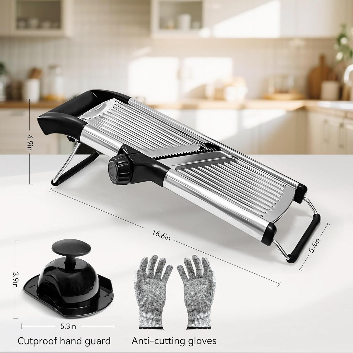 Mandoline Slicer, Adjustable Stainless Steel Slicer, Food Holder and Gloves