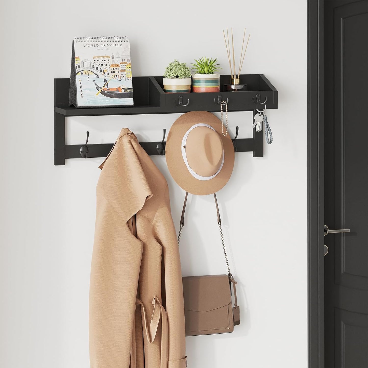 AMBIRD Wall Hooks with Shelf, 26.57 Inch Entryway Wood Coat Hooks for Wall with Shelf, Coat Rack Wall Mount with 5 Dual Hooks 3 Key Hooks Mail Organizer and Key Rack Holder (Brown)