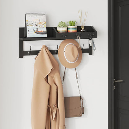 AMBIRD Wall Hooks with Shelf, 26.57 Inch Entryway Wood Coat Hooks for Wall with Shelf, Coat Rack Wall Mount with 5 Dual Hooks 3 Key Hooks Mail Organizer and Key Rack Holder (Brown)
